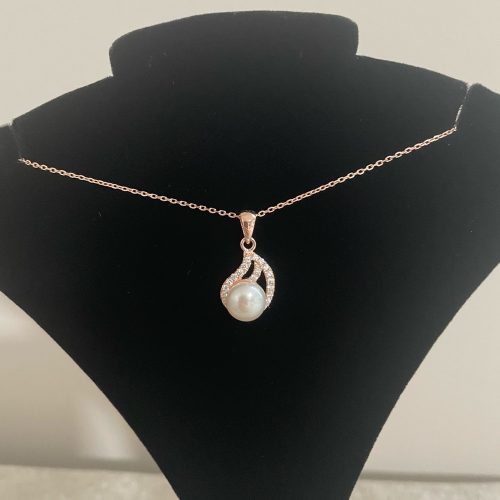Luxury Sterling Silver 925 CZ Zirconia Necklace Rose Tone